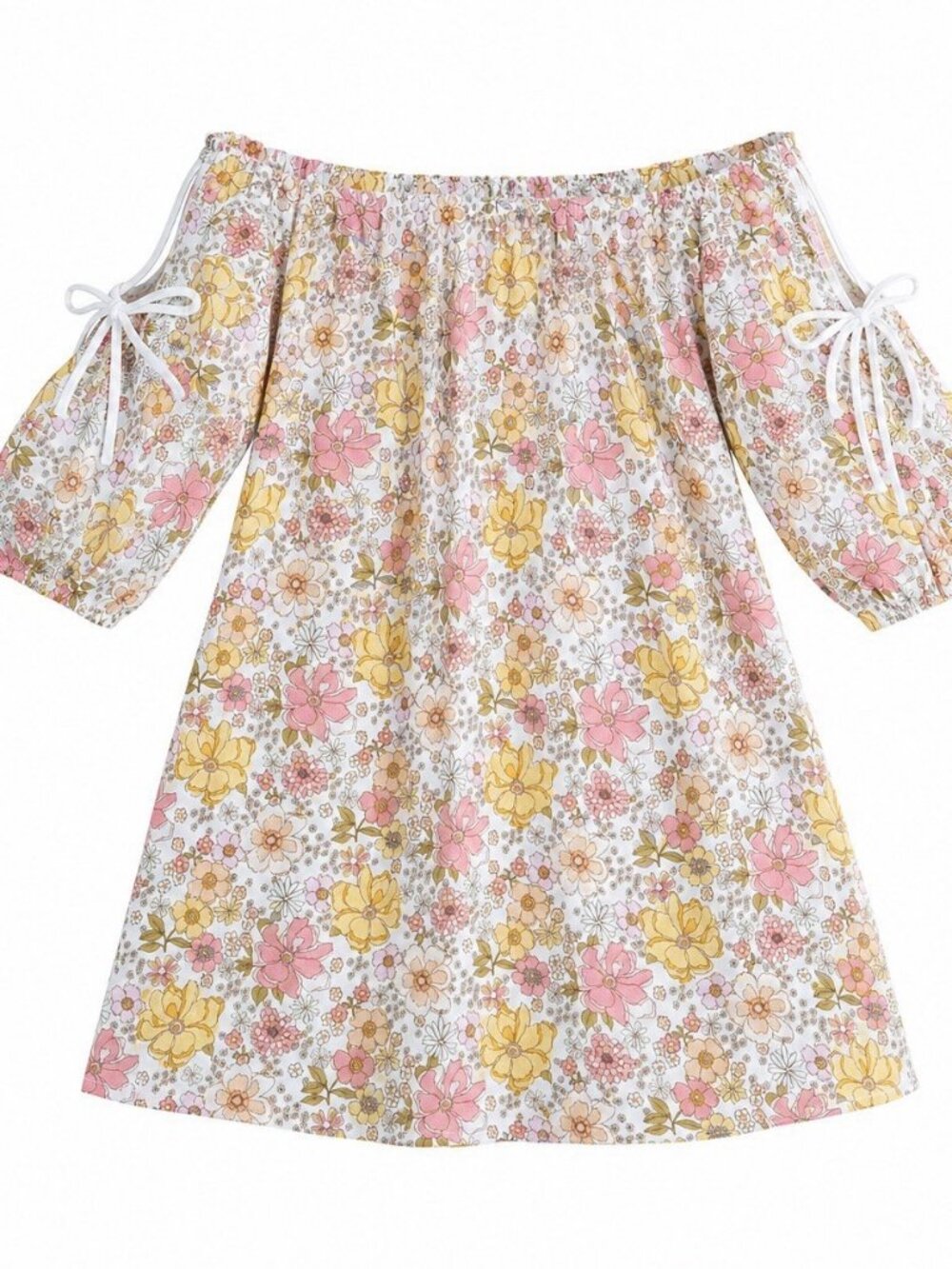 Naif Floral Cold Shoulder Tunic Dress with Sleeve Ties - Boho Chic Size M